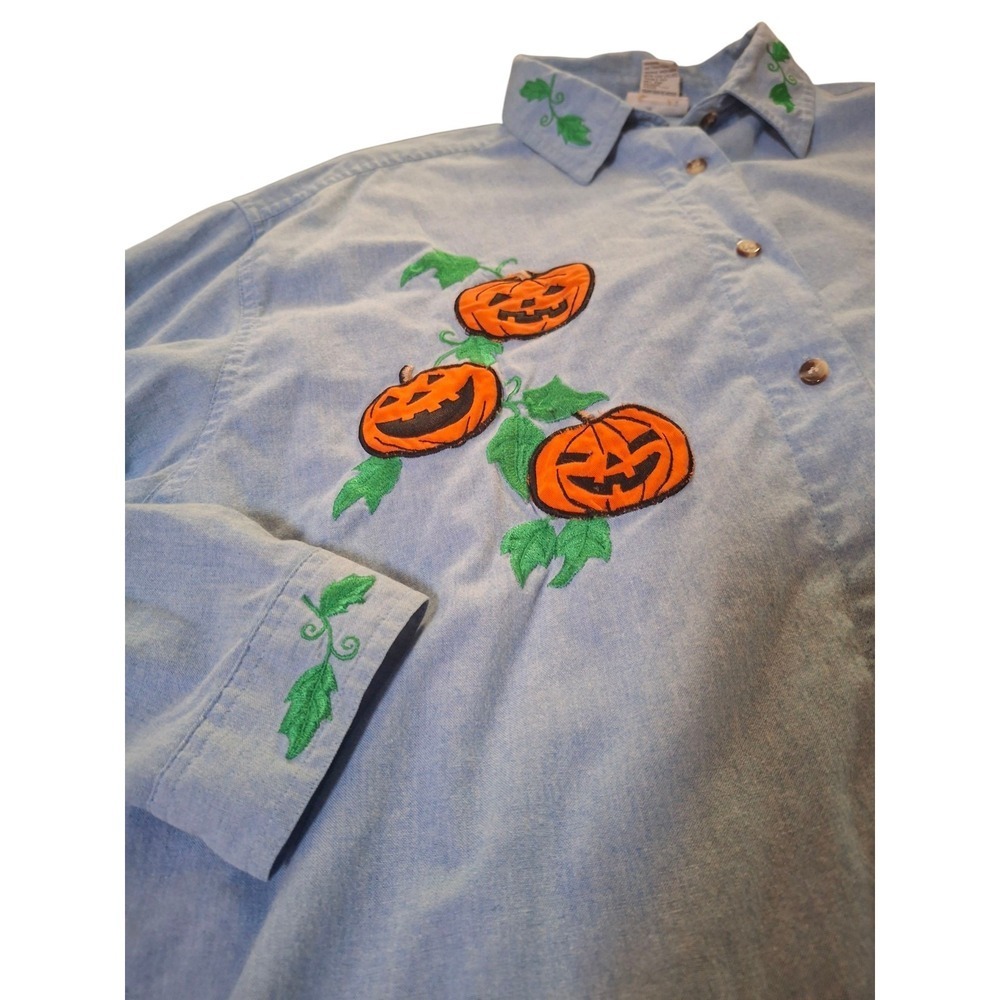 Vintage 90s Halloween Pumpkins Stitched Chambray Button Shirt Womens 20W - Picture 2 of 4
